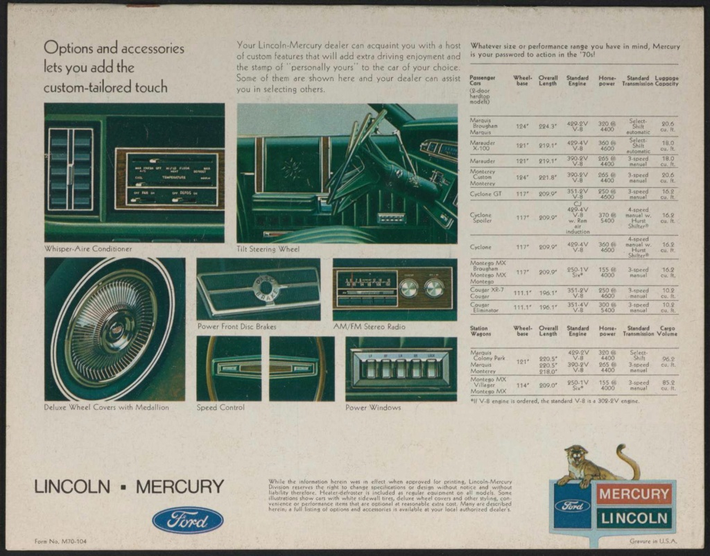 Brochure de vente américaine en anglais, Mercury 1970 Nouve515