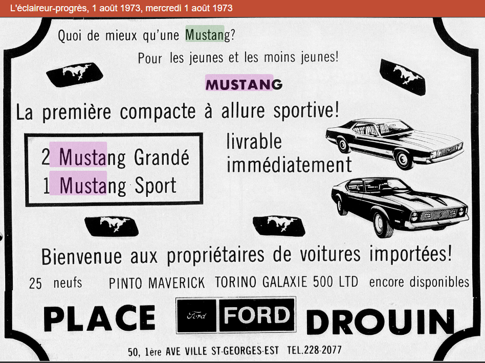 Publicité de la Mustang 1973 en français Public18