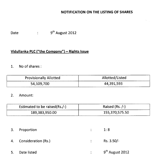 09-Aug-2012 Notification on the listings  Shares (Rights Issue) - VLL Vll10