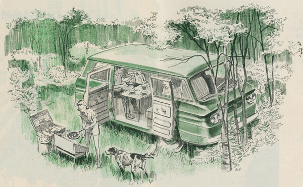 Vintage Corvair(ish) cartoonish camper van scenes Greenb10