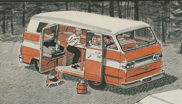 Vintage Corvair(ish) cartoonish camper van scenes Greenb11