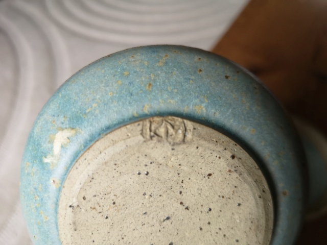 Small lidded pot with geometric design and KM mark - possibly Kay Martin Img_2080