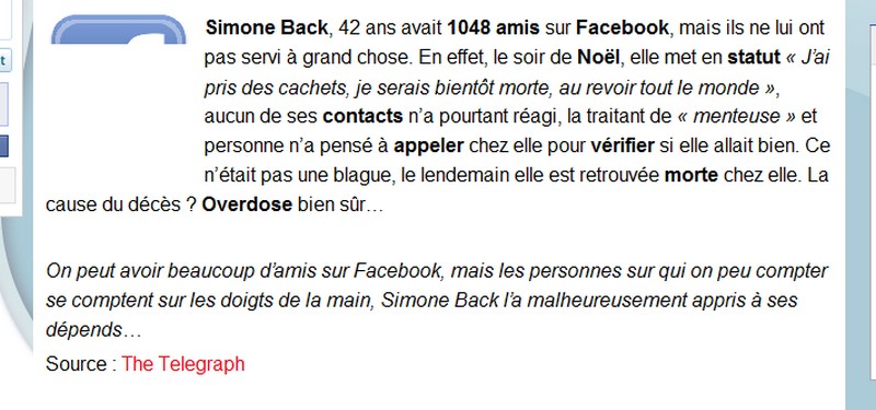 Les amis de la honte : Une femme a annoncé son suicide sur Facebook et aucun de ses 1082 amis n'a..  1cc33