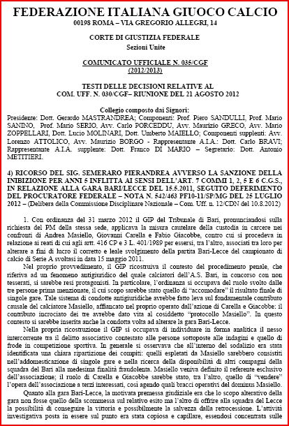 MOTIVAZIONI DELLA SENTENZA DI 2° GRADO DELLA CORTE DI GIUSTIZIA FEDERALE (22/08/2012) SULLA RETROCESSIONE DEL LECCE Cattur16