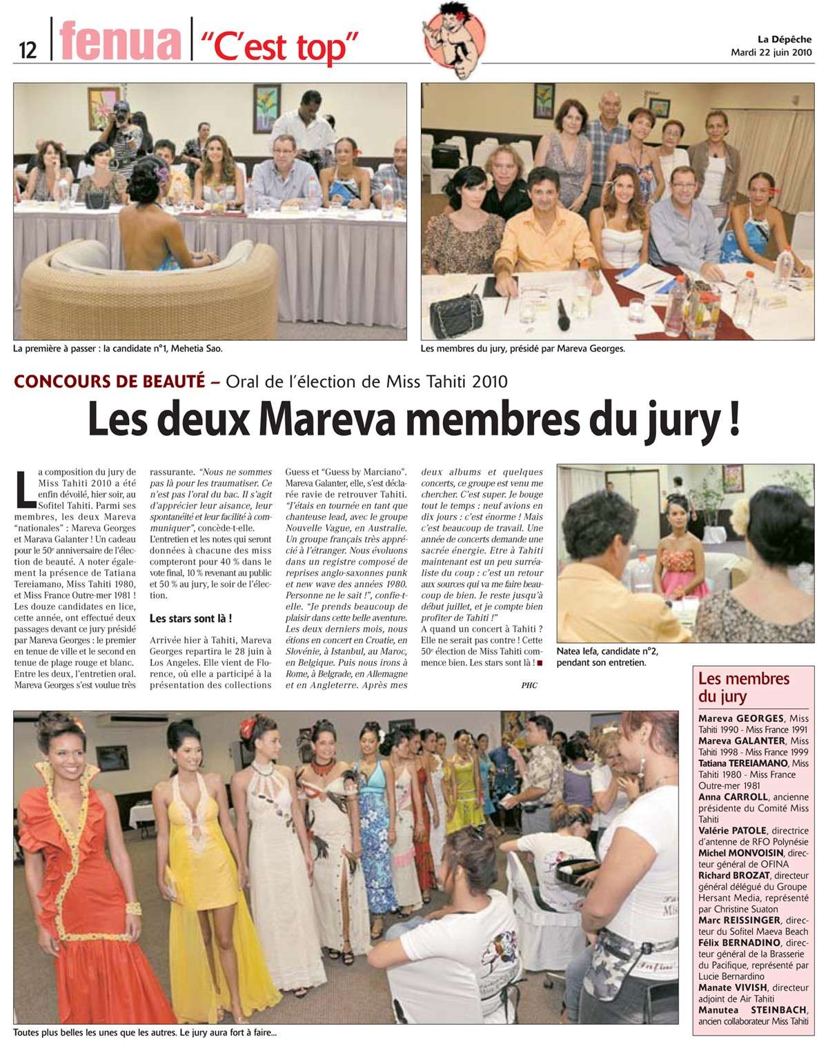 Article dans La Dépêche de Tahiti du 22 juin 2010 - Miss Tahiti : les deux Mareva membres du jury ! 22_jui13