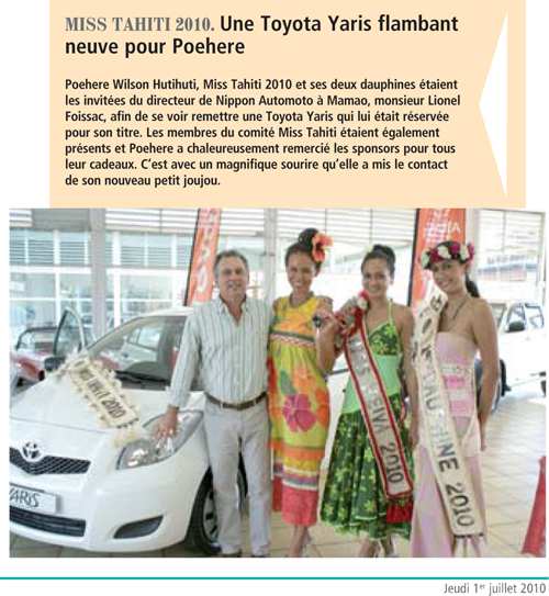 Article dans Les Nouvelles de Tahiti du 1er juillet 2010 - Une Toyota Yaris flambant neuve pour Poehere Page_033