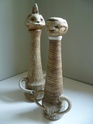 Pair of figural studio pottery stoneware vessels. Name to faces please? P1080111