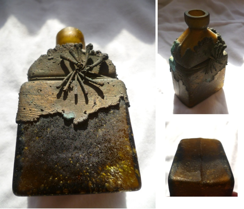 Interesting irregular pressed glass bottle with copper like metal attached Copper12