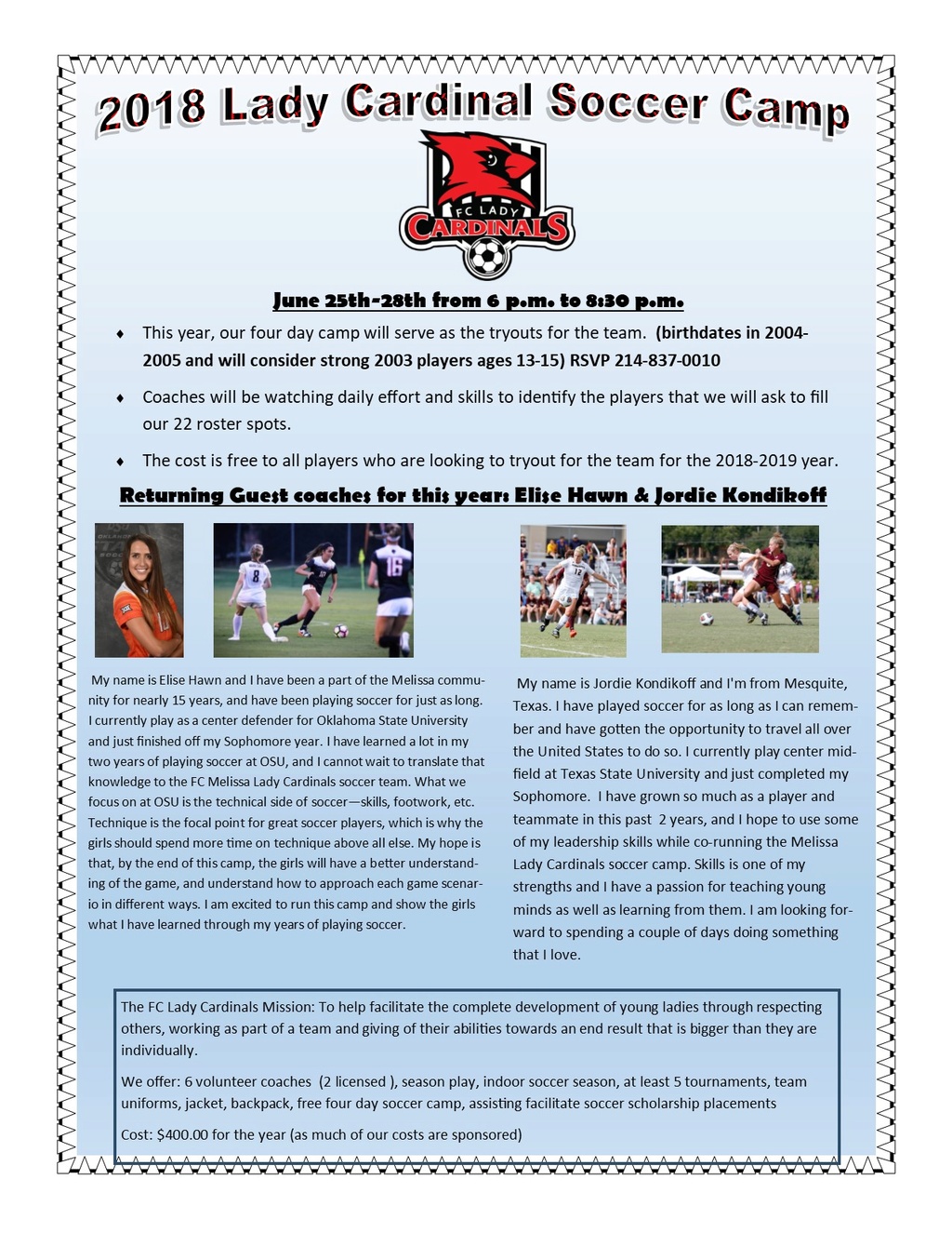 FCCardinal Soccer Tryouts/Camp coached by collegiate players Summer10