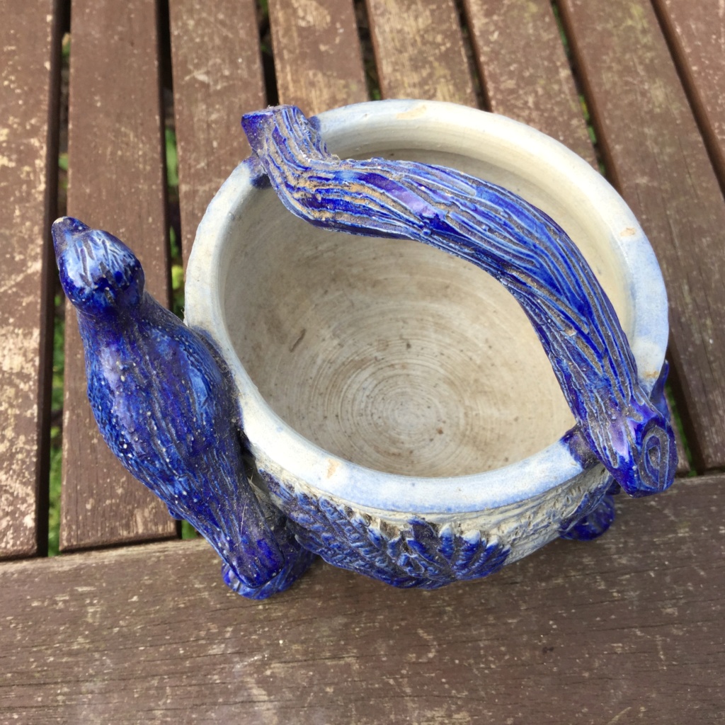 Salt Glaze Stoneware Bowl; Bark, Leaf & Bird Img_3614