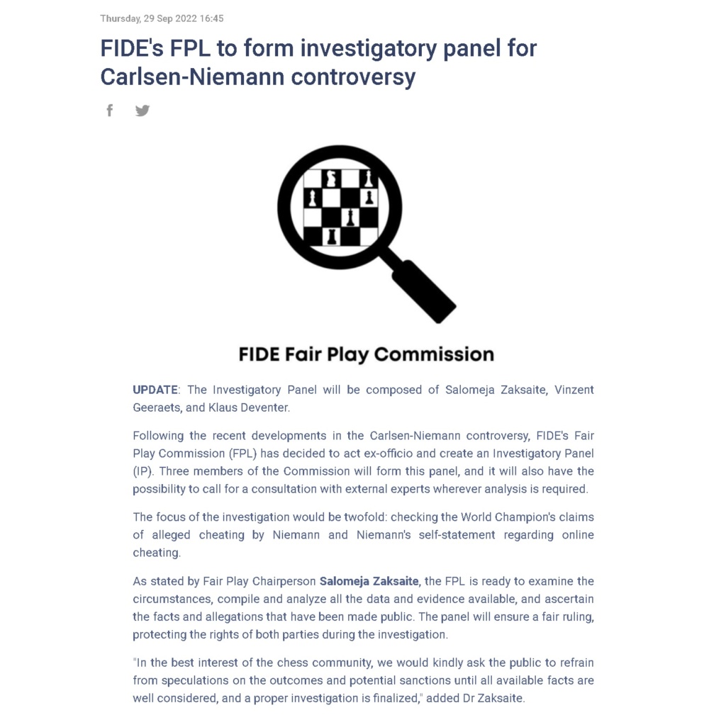 FIDE's FPL to form investigatory panel for Carlsen-Niemann controversy Fi10