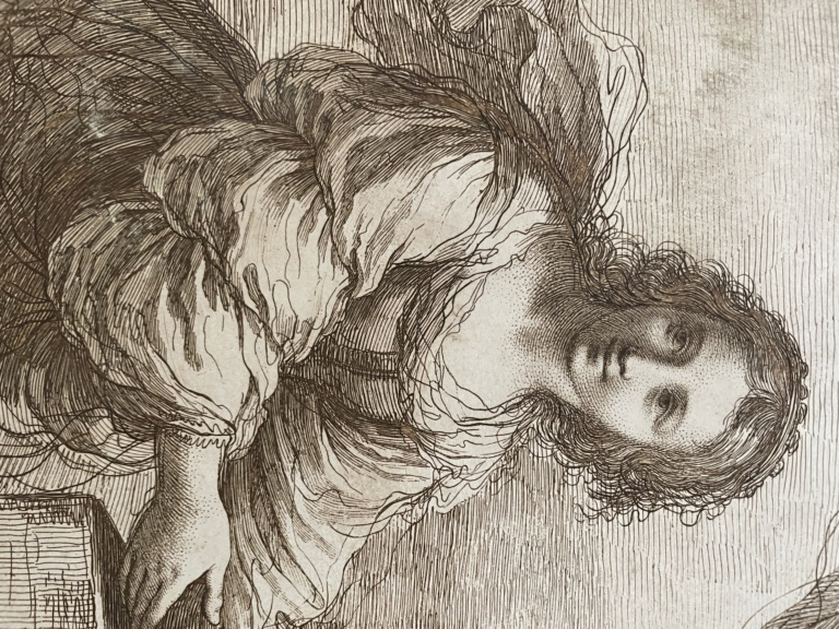 Gravure de Bartolozzi, jeune reine tenant une tasse dans ses mains Img_7411