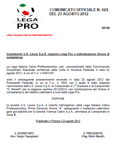 SENTENZA DI 1° GRADO DELLA COMMISSIONE DISCIPLINARE (10/08/2012): LECCE RETROCESSO IN LEGA PRO ED € 30.000 DI AMMENDA. - Pagina 3 Cattur13