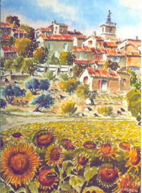 Aquarelle de 40 x 30 cm " les soleils à Montmeyan" réalisée sur motif  Montme10