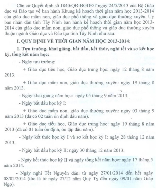 Kế hoạch thời gian năm học 2013-2014 của tỉnh Tây Ninh và huyện Dương Minh Châu 147910