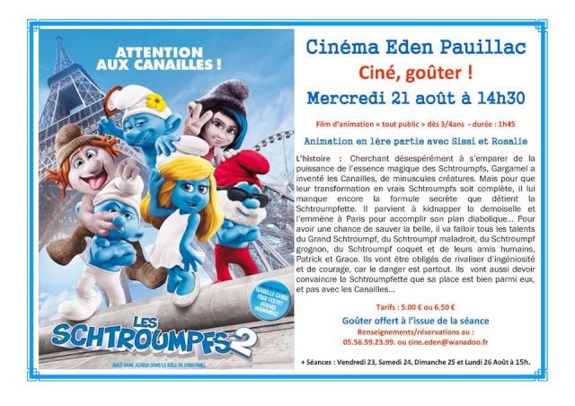 Ciné Gouter Les Schtroumpfs 2 le 21 Aout 2013 au Cinema Eden à Pauillac 97044810
