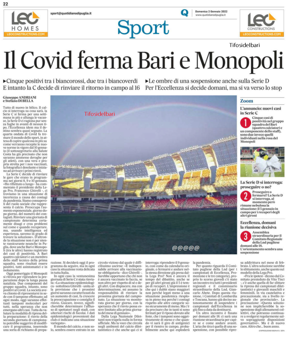 02/01/22 - QuotidianodP - Il Covid ferma Bari e Monopoli Qdp10