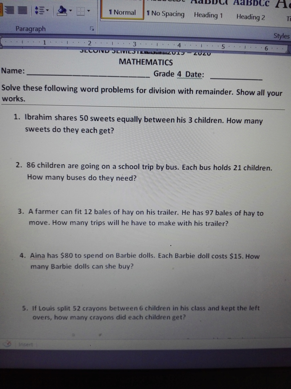Word Problems for Division with remainder  15858112