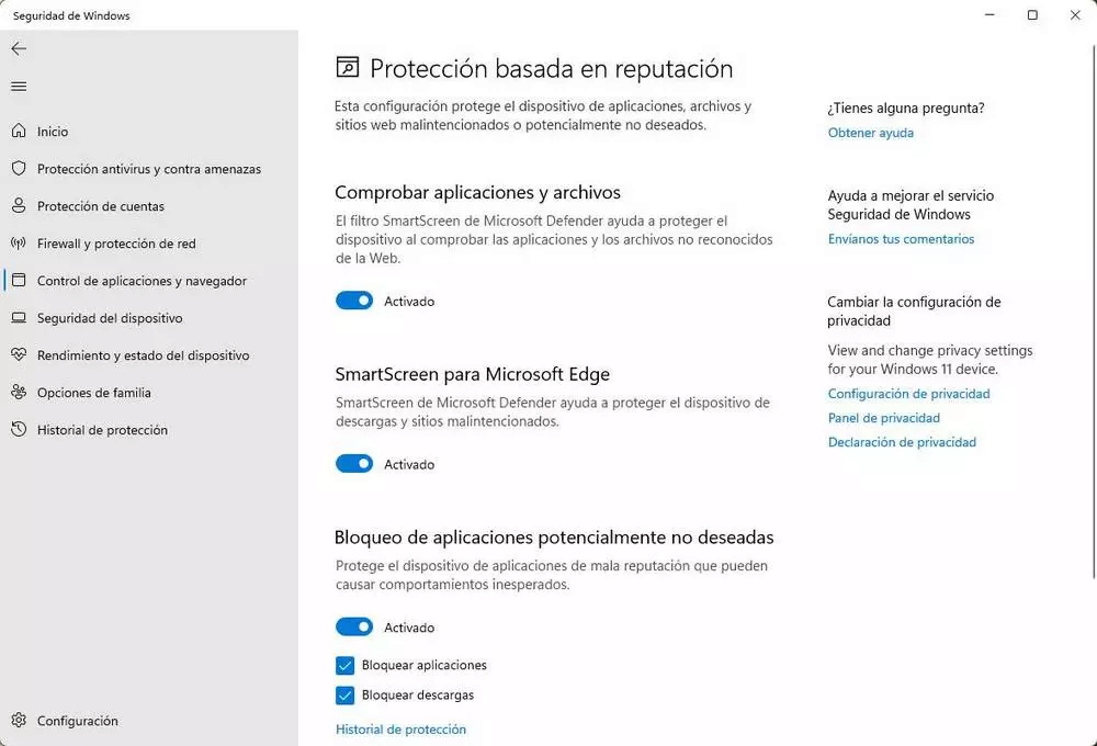 Opciones que permiten a Windows Defender protegerte al usar Microsoft Edge Window46