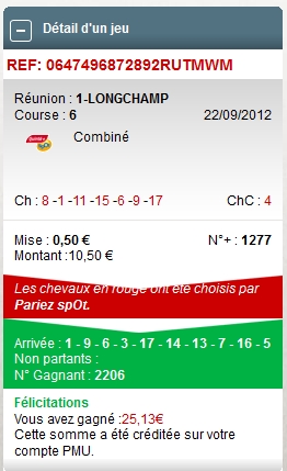 LONGCHAMP REUNION 1 COURSE 6 --- 22.09.2012 ---- mise : 84 € gain : 25.13 €   Scree175