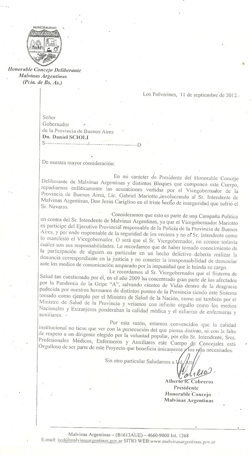 CONCEJO DELIBERANTE DE MALVINAS ARGENTINAS REPUDIA ACUSACIONES DE MARIOTTO 001105
