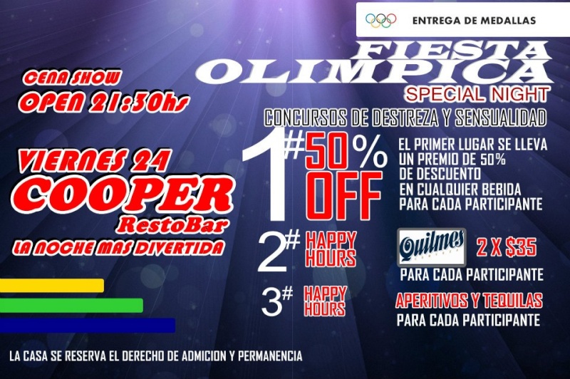 Malvinas Argentinas. Cooper RestoBar. Viernes 24 - Fiesta Olimpica; Sabado 25 - Noche Playboy!!!. 00141
