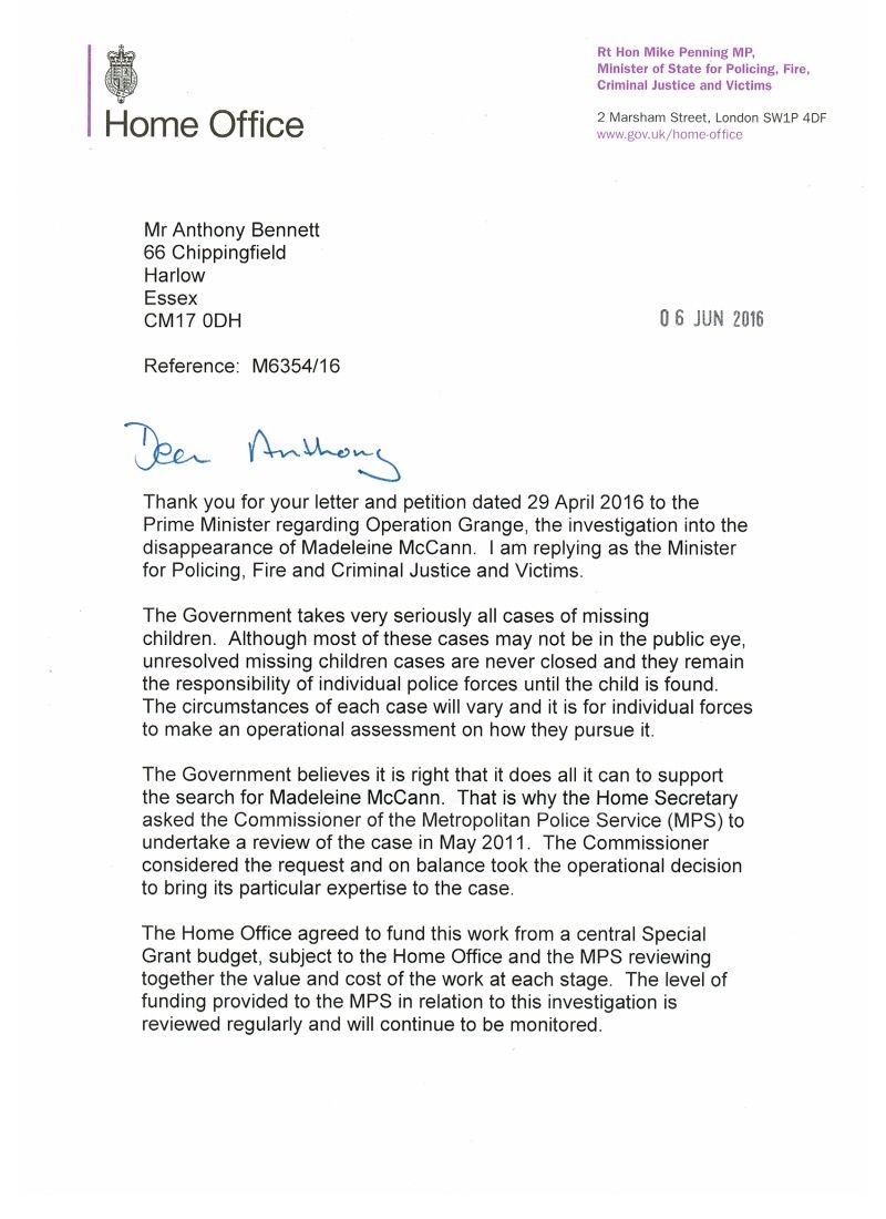 ***NEW - Reply received from Mike Penning M.P., Home Office, 6 Jun 2016*** (was:  Reasons why the public need a report on Operation Grange: The letter handed in to Prime Minister, David Cameron, on 29 April 2016 in support of the petition     - Page 4 Petiti10