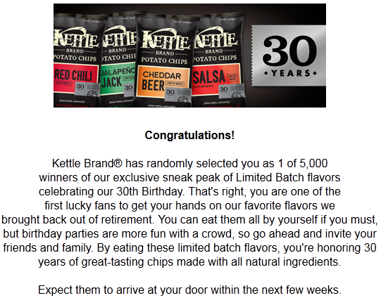Enter to win 1 of 5,000 Kettle Brand Prize Pack ends 7/20 Kettle10