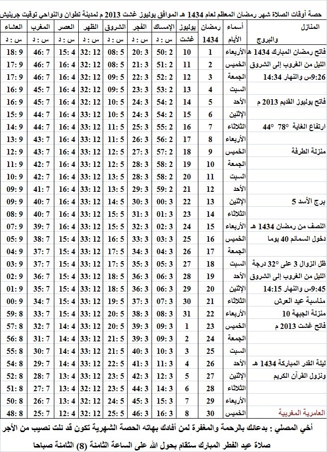 حصة أوقات الصلاة والسحور شهر رمضان المعظم عام 1434هـ الموافق 2013 م شمال المغرب بتوقيت جرينيش Ramada11