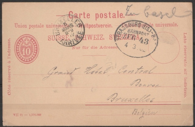 Bahnpost Strassburg - Basel auf Schweizer Ganzsache Thumbn10