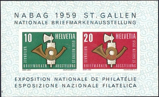 SBK W38 (Mi Bl. 16) Gedenkblock zur Nationalen Briefmarkenausstellung St. Gallen (NABAG) 1959 Wiii1910