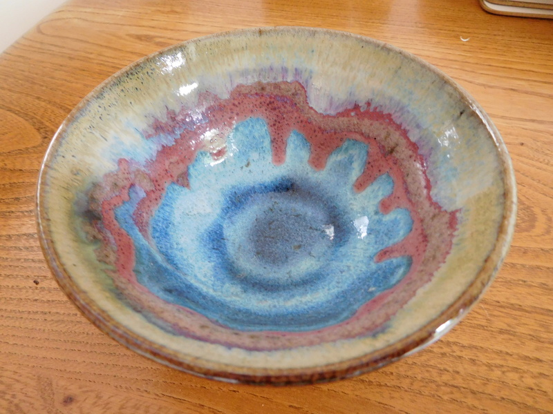 Colourful glazed raised bowl - marked Dscn0511