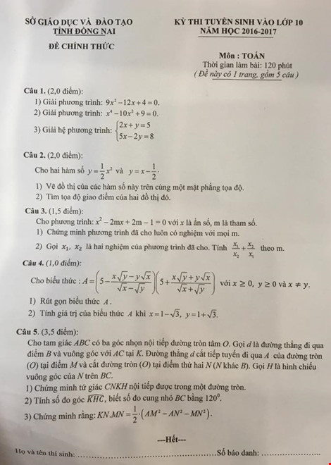Đề và đáp án thi vào lớp 10 môn Toán các tỉnh, thành năm học 2016 - 2017 So-gdd10