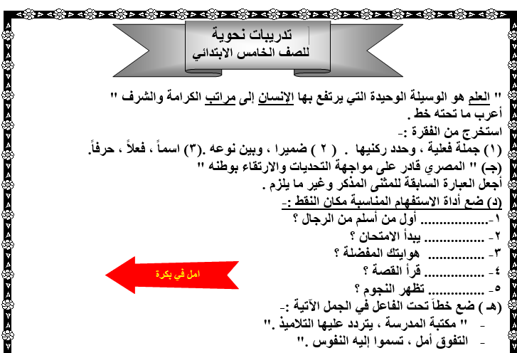 الصف الخامس الابتدائي مراجعة عامة على اللغة العربية 29-06-14