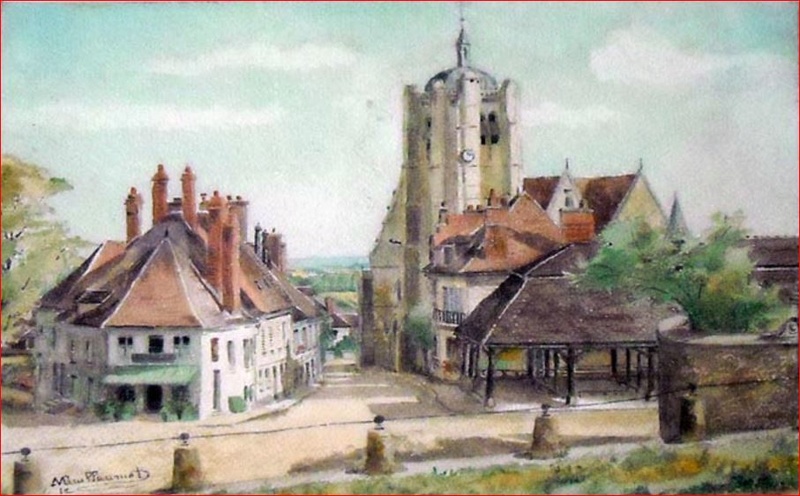 Aquarelle de Seignelay (Yonne) : l'Eglise et la Halle  Captur35