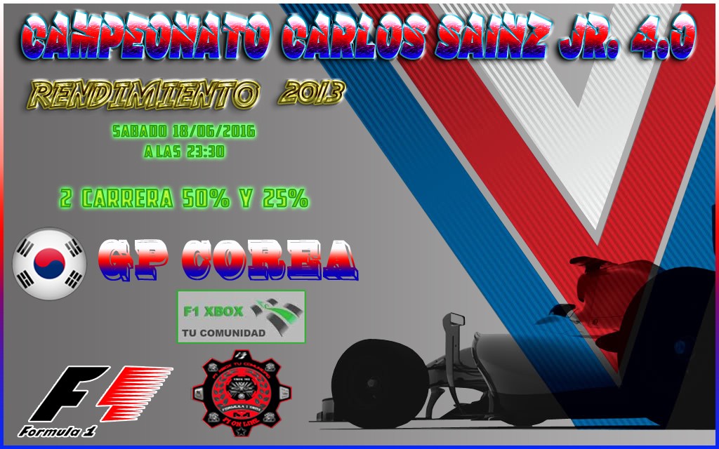 F1 2013 - XBOX 360  / CAMPEONATO CARLOS SAINZ JR. 4.0 - F1 XBOX / CONFIRMACIÓN DE ASISTENCIA A LA  6ª CARRERA / SÁBADO  / GRAN PREMIO DE COREA 18-06-2016 A LAS 23:30 HORAS. Gp_kor10