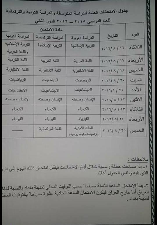 جدول امتحانات الدور الثاني للصفوف المنتهية 2016 310