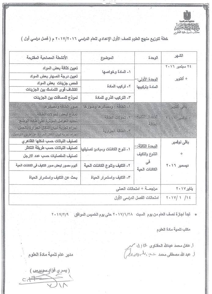 توزيع منهج العلوم للصف الاول والثاني والثالث الاعدادي الترمين 2017 1-110