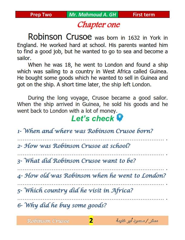 الفصل الأول من قصة Robinson Crusoe المقررة على الصف الثانى الاعدادى ترم أول 9418_n10