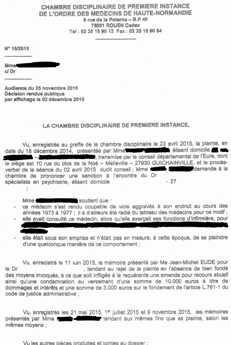 jugement ordre des médecins rouen affaire viol psychiatre 2015