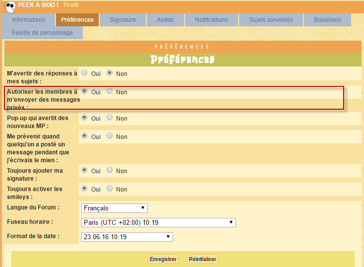 Option "Autoriser les membres à m'envoyer des messages privés" qui se règle aléatoirement O10