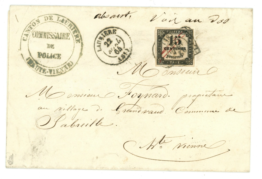 Lettre avec 15c Taxe carré du 22 Avril 1864 Laurière Haute-Vienne Img35310
