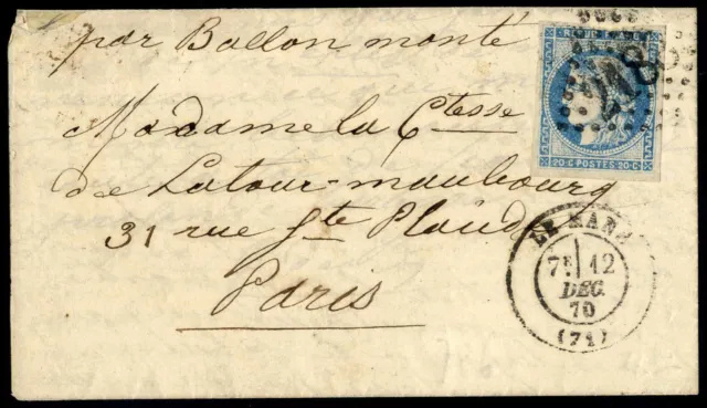 SIEGE DE PARIS 1870-71 'Courrier par Passeur" 1870-l10