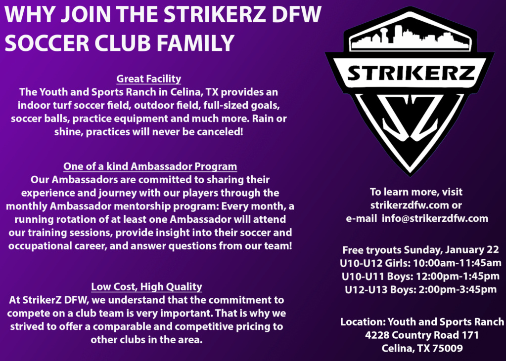 StrikerZ DFW Youth U10-U13 Girls and Boys Tryouts Strike11