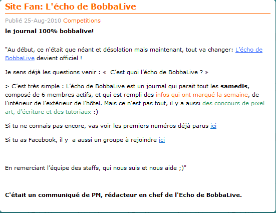 Site Fan: L'écho de BobbaLive Screen67