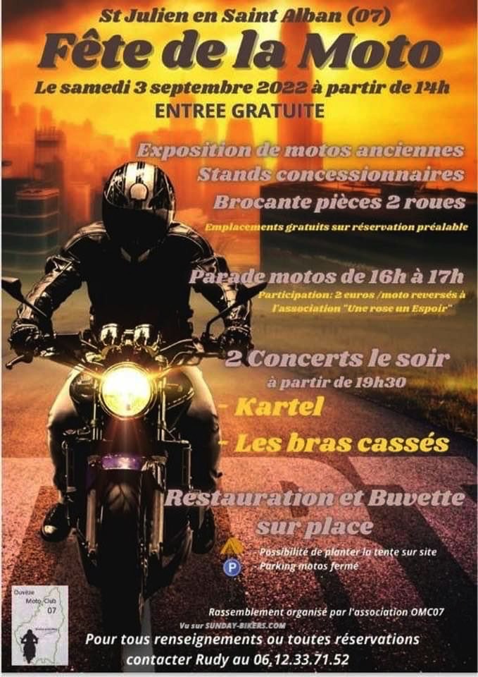 MANIFESTATION - Fête de la Moto - Samedi 3 Septembre 2022 - St Julien en Saint Alban - (07) 16583110