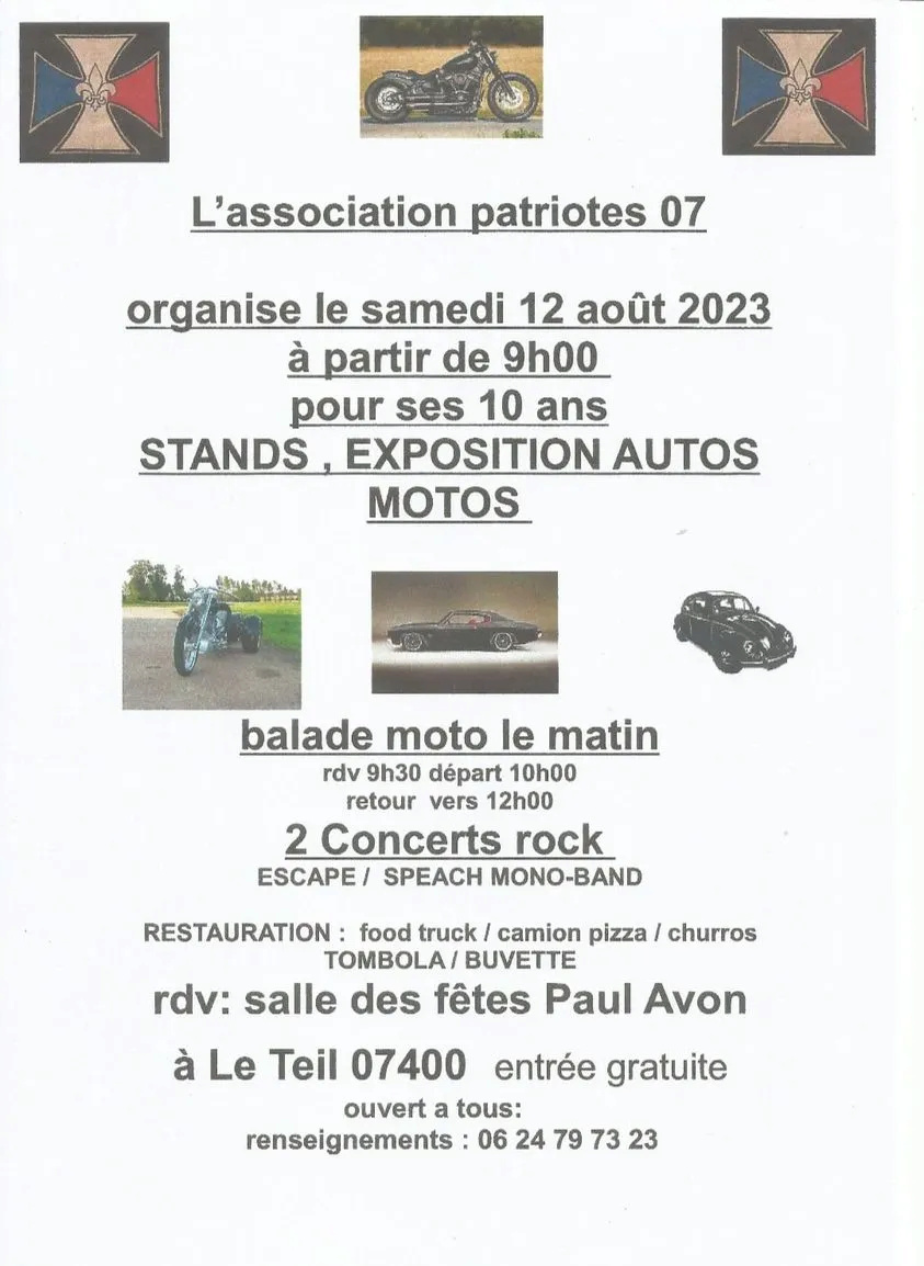 MANIFESTATION - Exposition Autos & Motos Samedi 12 Août 2023 - Le Teil (07400) 34891510