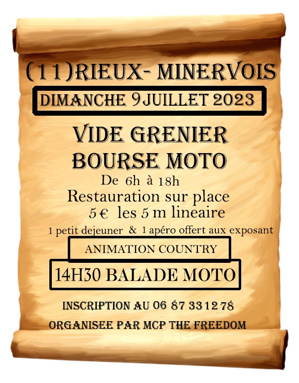 MANIFESTATION  - Vide Grenier bourse & Balade Moto - 9 Juillet 2023 - Rieux-Minervois ( 11 ) 642efe10