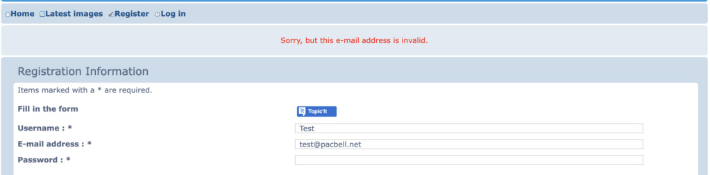 "Sorry, but this e-mail address is invalid" Scree301
