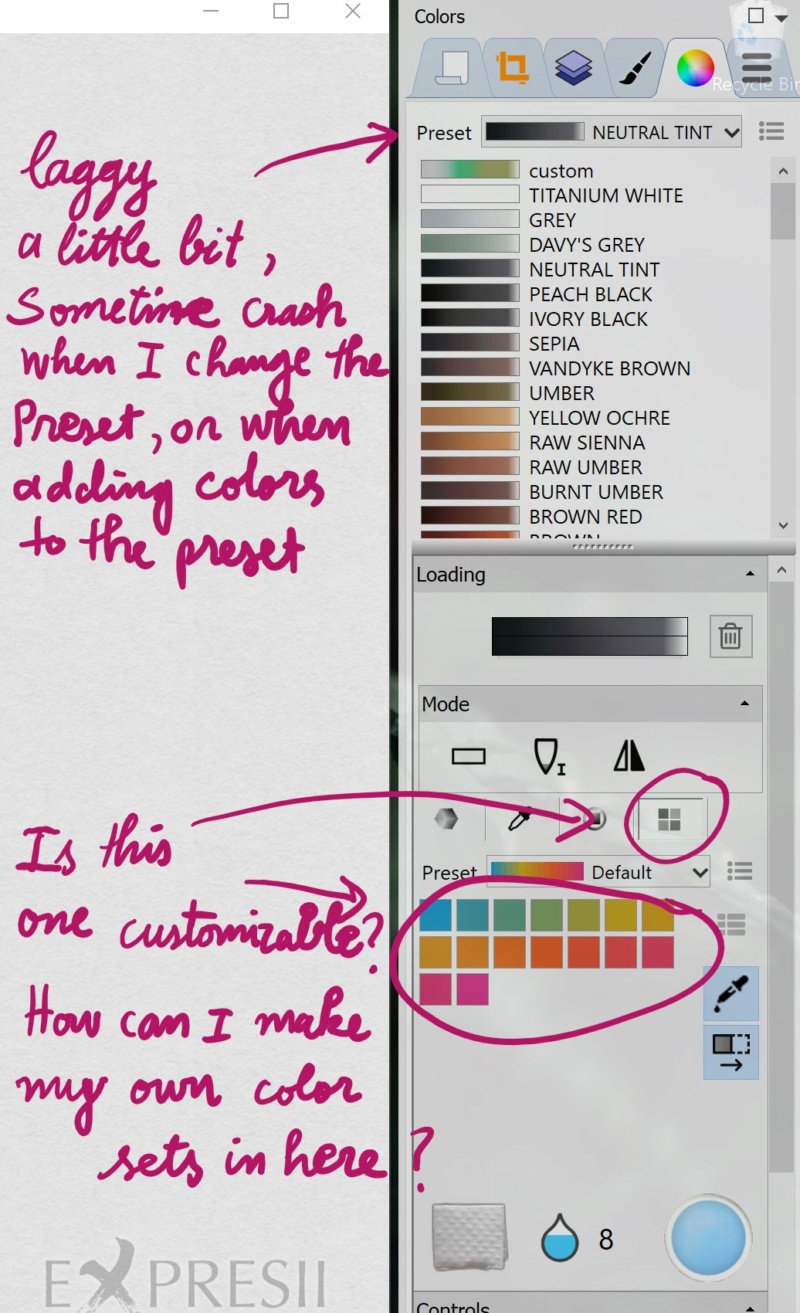 Adding a new color to a color set is laggy, and how to create a custom color swatch? And is it possible to change the paper texture? Ask10